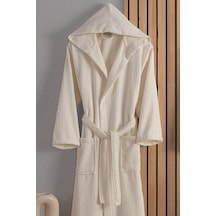 Güvenal Eos Unisex Pamuk Çizgili Kapüşonlu Bornoz Çeyiz Bornoz Seti Sabahlık Hediyelik 6 Krem