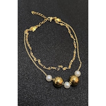 Altın Renk İnci Küre Model Singapur Ve Sf Zincir Çelik Halhal - 3292 Çok Renkli