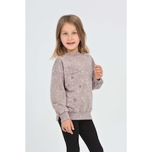 Kız Çocuk Relax Fit Bisiklet Yaka Düşük Omuz Baskılı Yırtmaçlı Sweatshirt - 2 İplik Koyu Kahverengi