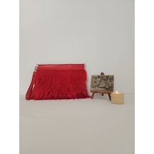 Kırmızı Tüylü,suni Deri Altıgen Yaylı Burslu Kadın Clutch Çanta Kırmızı