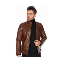 Hakiki Deri Kahverengi Neymar Omuz Kol Işlemeli Erkek Deri Ceket Kahverengi