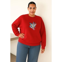 Benroma 3 İplik Penye Tüy Baskılı Büyük Beden Unisex Sweatshırt Kırmızı