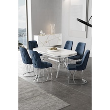 Canisa Epal Serisi 90x168 Lak Panel Beyaz Mermer Desen Masa Takımı Krom Ayaklı 6 Antrasit Sandalye Masa Beyaz Mermer Desen Sandalye Antrasit