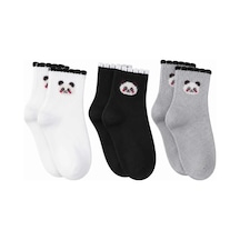 DS Wak Kadın Panda Desenli Kısa Konç Çorap 3 Lü Paket, %80 Pamuklu Dikişsiz Burun, Nefes Alan Yumuşak B Çok Renkli 3'lü