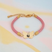 Archin Panda Temalı Kelebek Motifli 14 Ayar Altın Plakalı Doğal Pembe Derili Hediye Bileklik-429sembol Panda