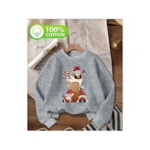 Herkesemoda Christmas Theme Baskı Detaylı Bisiklet Yaka Sweatshırt Gri