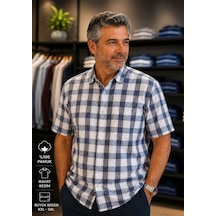 Beyome Erkek Kısa Kol Kareli Gömlek Büyük Beden Xxl-4xl %100 Pamuk Nefes Alır Yazlık Mavi