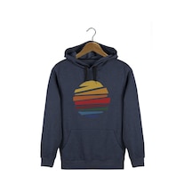 Unisex İndigo Kapüşonlu Önü Güneş Baskılı Slim Fit Kanguru Cepli Sweatshirt Indigo