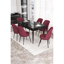 Canisa Concept Kor Serisi, 70x114 Açılabilir Yemek Masası Takımı, Siyah Mermer Desen Masa Ve 6 Bordo Sandalye Masa Siyah Mermer Sandalyeler Bordo