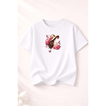 Herkesemoda Güllü Kadın Temalı Baskılı Kadın Bisiklet Yaka Pamuklu T-shirt Beyaz