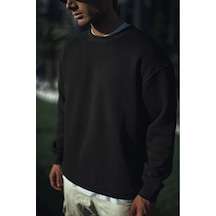Erkek Pamuklu Bisiklet Yaka 3 İplik Basic Sweatshirt - Siyah
