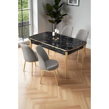 Canisa Nira Serisi 70x114 Mdf Siyah Mermer Desen Mutfak Masa Takımı 4 Gri Sandalye Gold Detay Siyah Mermer Desen Masa Sandalye Gri Ayaklar Gold