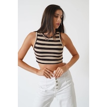 Ckm Moda Adrian Yüksek Kalite Kadın Yuvarlak Yaka Çizgili Crop Bluz Kahve