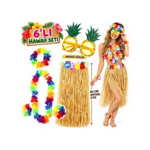 Magicool Hawaii Parti Kostüm Seti - 60 Cm Hasır Etek, Çiçekli Aksesuarlar Ve Ananas Gözlük