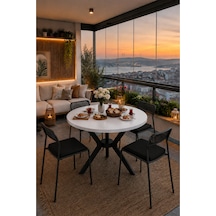 Beyaz 4 Kişilik Minderli Balkon Takımı, Balkon Masası, Balkon Sandalyesi, Yuvarlak Masa, Yemek Masası, Mutfak Masa Sandalye Takımı, 4 Sandalye 1 Masa Beyaz/siyah-siyah