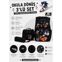 Sonic Desenli Siyah 3 Lü Erkek Çocuk İlkokul Çantası + Termal Beslenme Çantası + Kalemlik