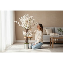 Yapay Salon Çiçegi Yapay Ağaç Pembe Bahar Dalı 100 Cm Metal Saksı Yeşil