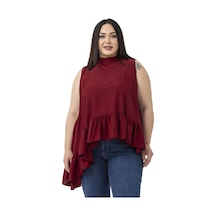 Disentis Büyük Beden Asimetrik Kesim Eteği Fırfırlı Yarım Dik Yaka Bordo Bluz Bordo