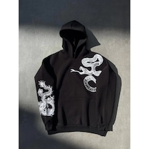 Assema Kadın Üç İplik Kapüşonlu Baskılı Sweatshirt - Siyah Çok Renkli