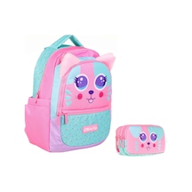 Kaukko Yeşil Pembe Sevimli Kedi Okul Sırt Çantası Ve Kalemlik Seti - Kız Çocuk