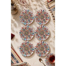 6 Lı Cam Çay Tabağı - Etnik Kilim Desenli 12 Cm - 6 Adet Çay Tabak Çok Renkli