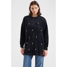 Olcay Taş Detaylı Soft Kumaş Oversize Triko Kazak Siyah 8290