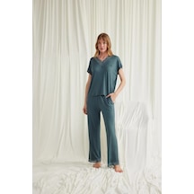 Kısa Kollu V Yakalı Dantelli Pijama Takımı - 32 Çok Renkli