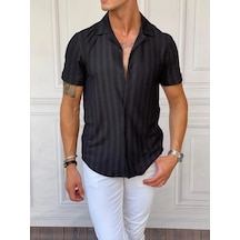 Modefendi Dikey Desen Detaylı Normal Slim Fit Pamuklu Gömlek Siyah