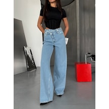 Herton Kadın %98 Pamuk Yüksek Bel Asimetrik Bel Wide Leg Jean Açık Mavi