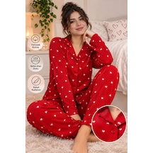 C&City Şıklık Ve Rahatlık Bir Arada Sevimli Ayıcık, Yıldız Ve Ay Desenleriyle Tasarlanan Kadın Pijama Takımı AÇIK KIRMIZI