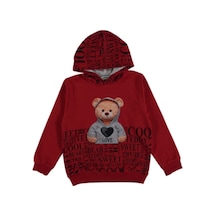 DİJİTAL  AYICIK ve YAZI BASKILI 2 İPLİK  KAPŞONLU KIZ SWEATSHIRT Kırmızı