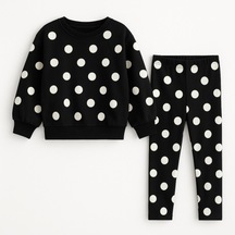 Kız Çocuk Siyah Beyaz Puantiyeli Sweatshirt Tayt Alt Üst Takım Polkadot Siyah