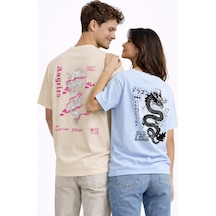 Nevermınd Sevgili Kombini Dragon Baskılı Çift Tişört Oversize Unisex Street Partner Kombin Seti Bej Bej