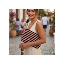 Lento Design El Örgüsü Çizgili Clutch Çanta Siyah & Somon Pamuk Portföy, Fermuarlı El Yapımı Cüzdan Bej