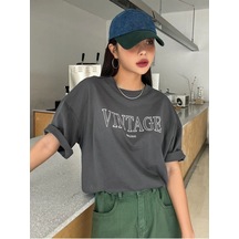 Flood Of Style Kadın Antrasit Vintage Baskılı Oversize Bisiklet Yaka Tshirt Gri