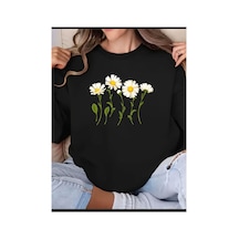 Medinenur Papatya Çiçekleri Baskılı Bisiklet Yaka Şardonlu Sweatshirt Siyah
