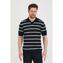 Cool Tarz Erkek Polo Yaka Beyaz Çift Çizgi Detaylı Siyah Triko T-shirt Siyah Siyah