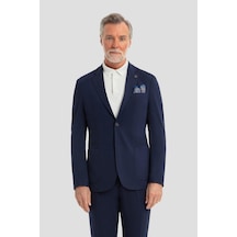 Sabri Özel Erkek Lacivert Dar Kesim Slim Fit Modal Kumaş Mono Yaka Lastikli Bel Astarsız 6 Drop Takım Elbise
