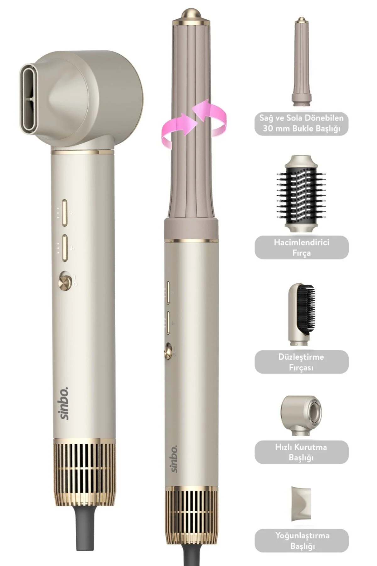 Sinbo Pro Compact Uzun Multi-styler Hava Üfleme Şekillendirici Full Seti 5in1 Saç Şekillendirici Shd-1729 Gold