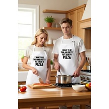 Unisex Mutfak Önlüğü Pizza Temalı Baskılı Rahat Kesim Günlük Aşçı Beyaz