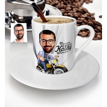 Kişiye Özel Bay Motorcu Karikatür Türk Kahvesi Fincanı - 1