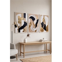 Beyaz Ahşap Çerçeveli Soyut Siyah Beyaz Gold Duvar Tablosu 3 Lü Set Dokulu Modern Tasarım Modern Dekorasyon Kabartma Görünümlüdür Beyaz