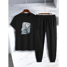 Uyguntarz Unisex Saksı Tasarım Basklı Tshirt Eşofman Takımı Siyah