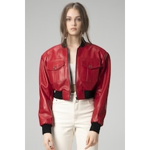 Kırmızı Dericlub Wm036 Ribanalı Gerçek Deri Crop Mont