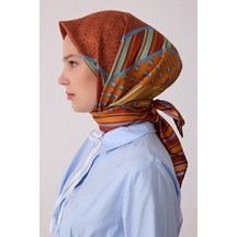 Belli Geometrik Desen %100 Twill İpek Eşarp Be23 Bakır-hardal