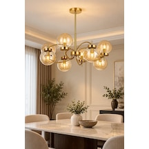 Modern Premium Avize Gold Gövdeli Amber Camlı 8'li Lüks Sarkıt Salon Avizesi 8xe14