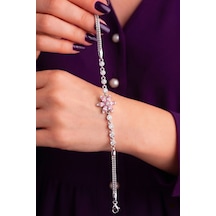 925 Ayar Gümüş Rodyumlu Pembe Kuvars Taşlı Lotus Çiçeği Bileklik St434