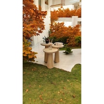 Wood Ahşap 3 Lü Set Mantar Yan Sehpa Konik Model / Naturel Renk / Zigon Sehpa Kahverengi