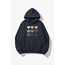Uyguntarz Unisex Yumuşak Dokulu 9'lu Kalp Baskılı Tasarım Oversize 3 İplik Hoodie Sweatshirt Indigo