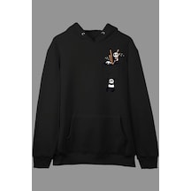 Oversize Sevimli Panda Cep Tasarımlı Baskılı Kapüşonlu Sweatshirt Hoodie Beyaz Siyah